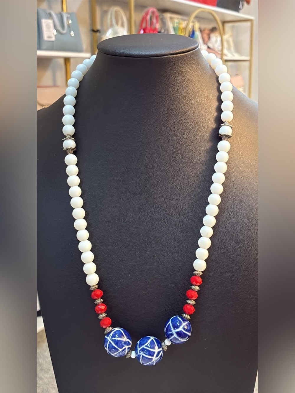 Handcrafted White Bead Necklace with Blue Ceramic Accents